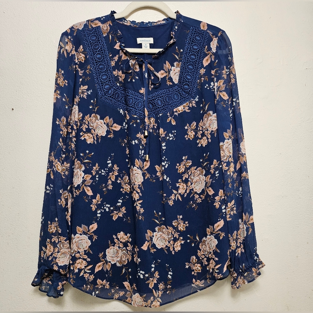 Sundance 100% Silk Blouse Women's Blue Embroidered Floral Long Sleeve Lined Sz M
